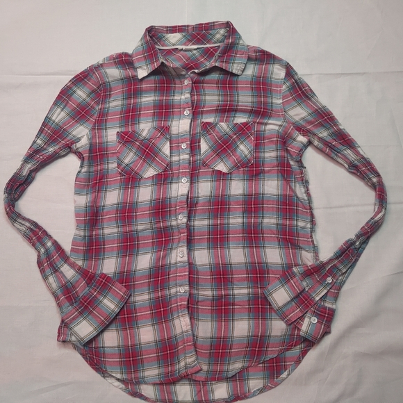 Aeropostale Flannel Shirt Women's Small Plaid Pink Blue White Button Down Top - Picture 1 of 11